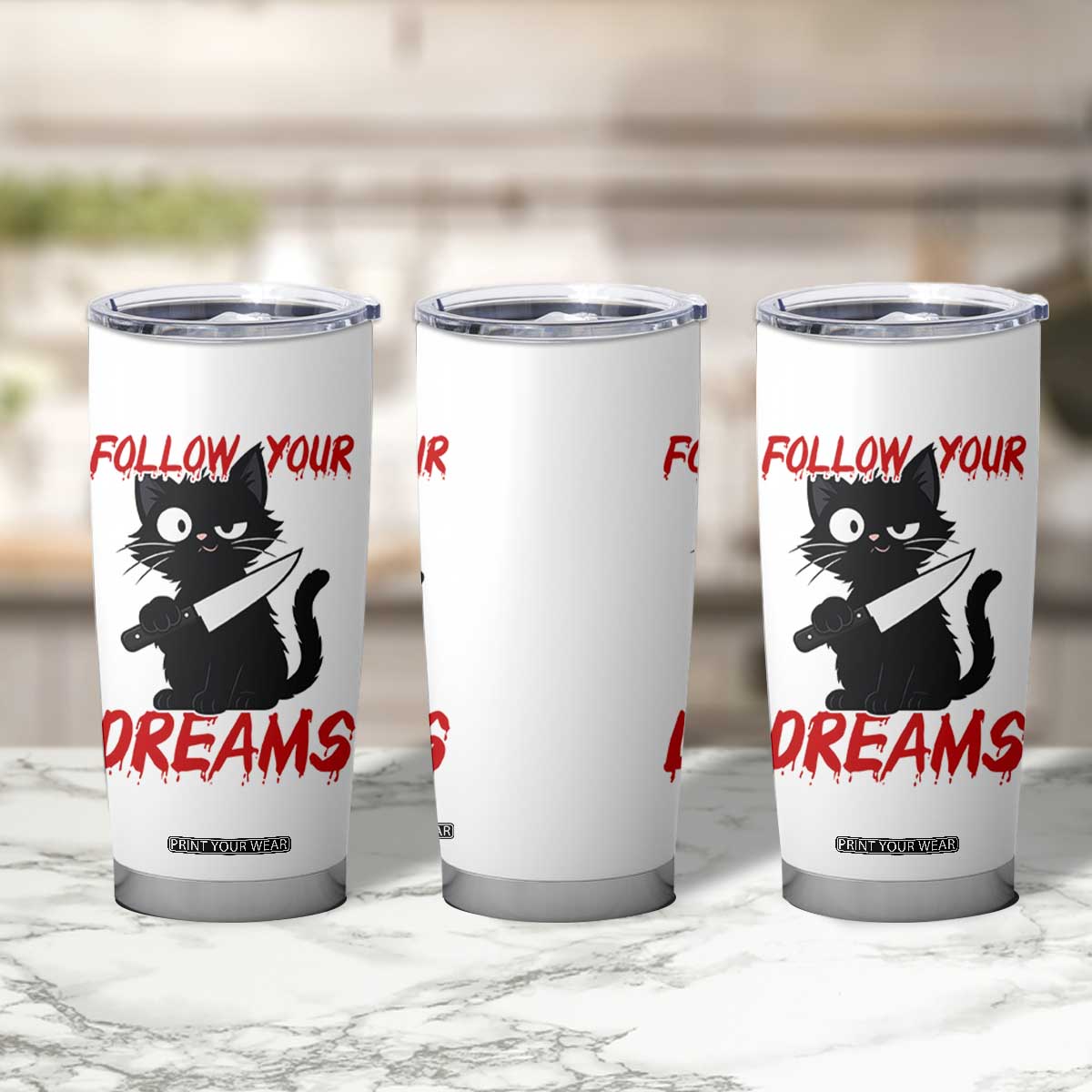 Killer Black Cat Halloween Tumbler Cup Follow Your Dreams TS12 Print Your Wear