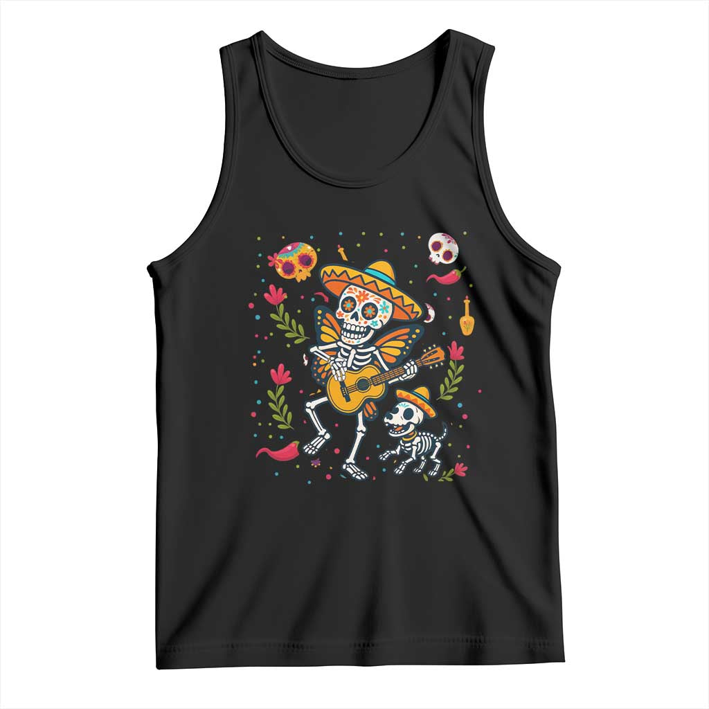 Day of the Dead Skeleton Tank Top Playing Guitar With Dog Mexican Festival TS12 Black Print Your Wear