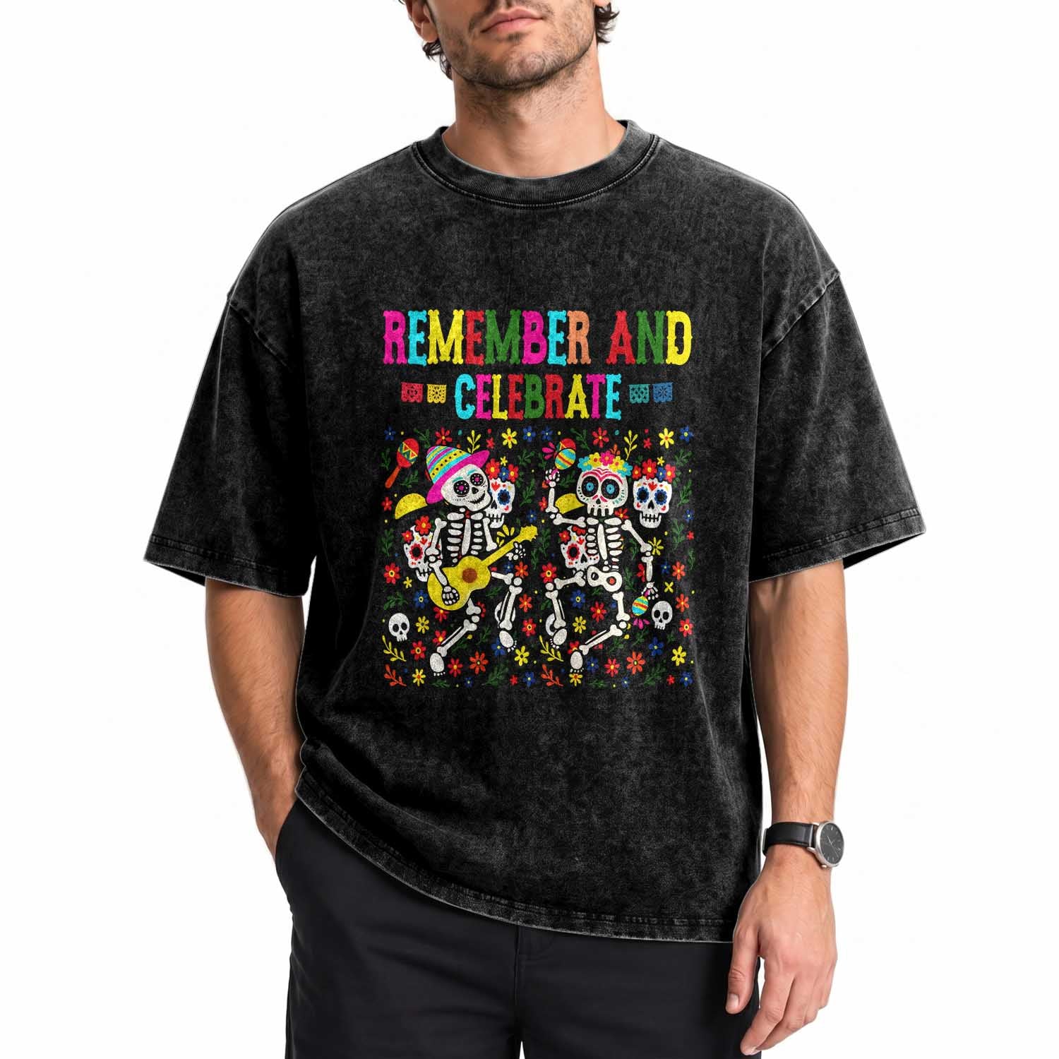 Dia De Los Muertos Skeleton Washed Cotton T-Shirt Remember And Celebrate Mexican Festival