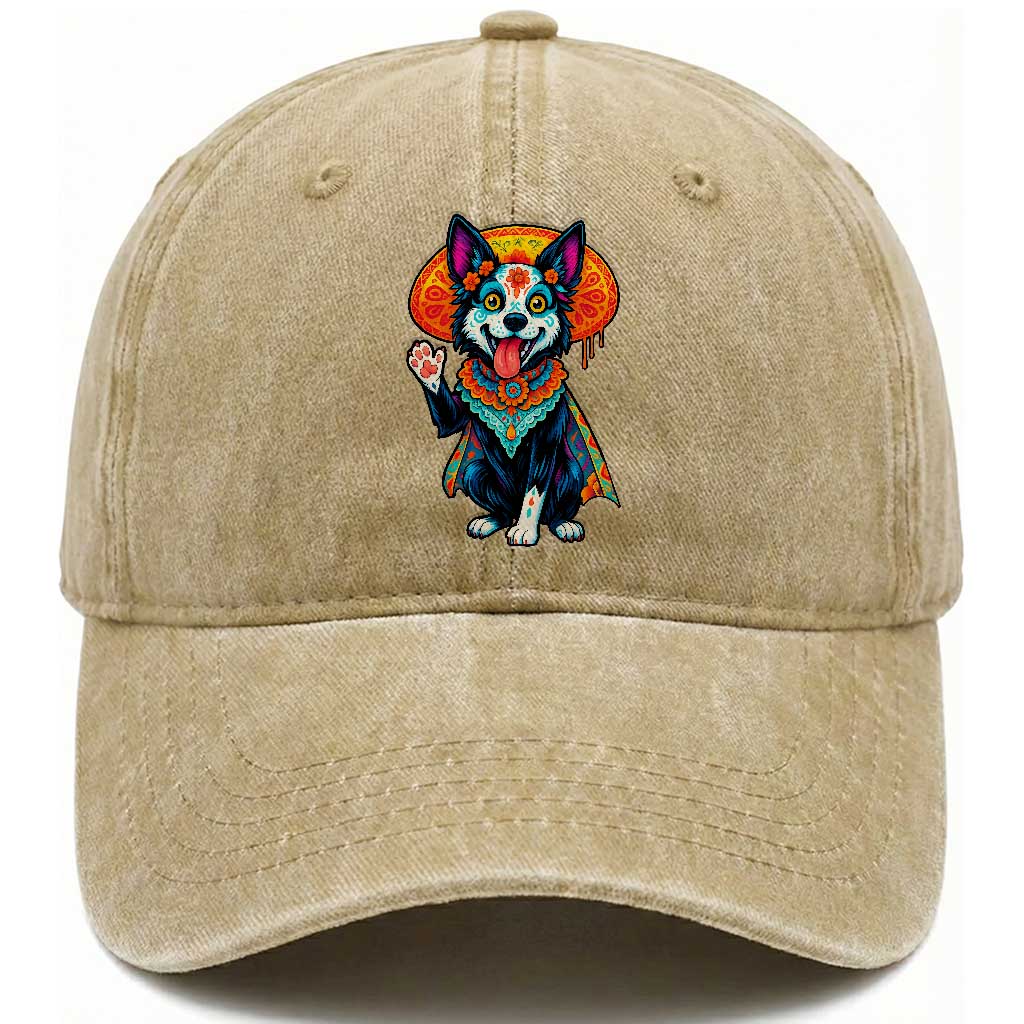Dia De Los Muertos Border Collie Washed Cotton Baseball Cap Sugar Skull Dog Day Of The Dead Gift TS12 Print Your Wear