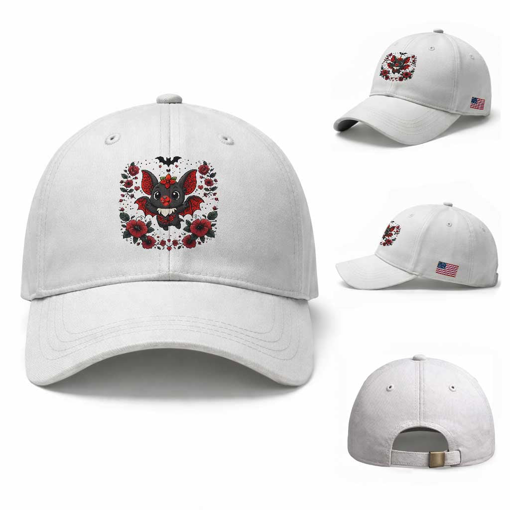 Cute Bat Floral Folk Art Baseball Cap Gothic Spooky Dia De Los Muertos Gift TS12 Baseball Cap Universal Fit White Print Your Wear