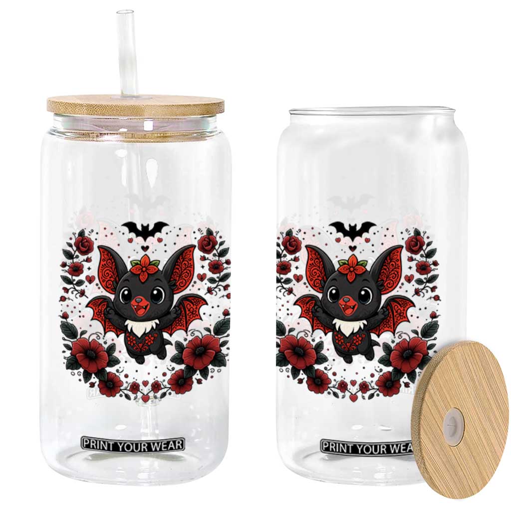 Cute Bat Floral Folk Art Glass Can Gothic Spooky Dia De Los Muertos Gift TS12 Print Your Wear
