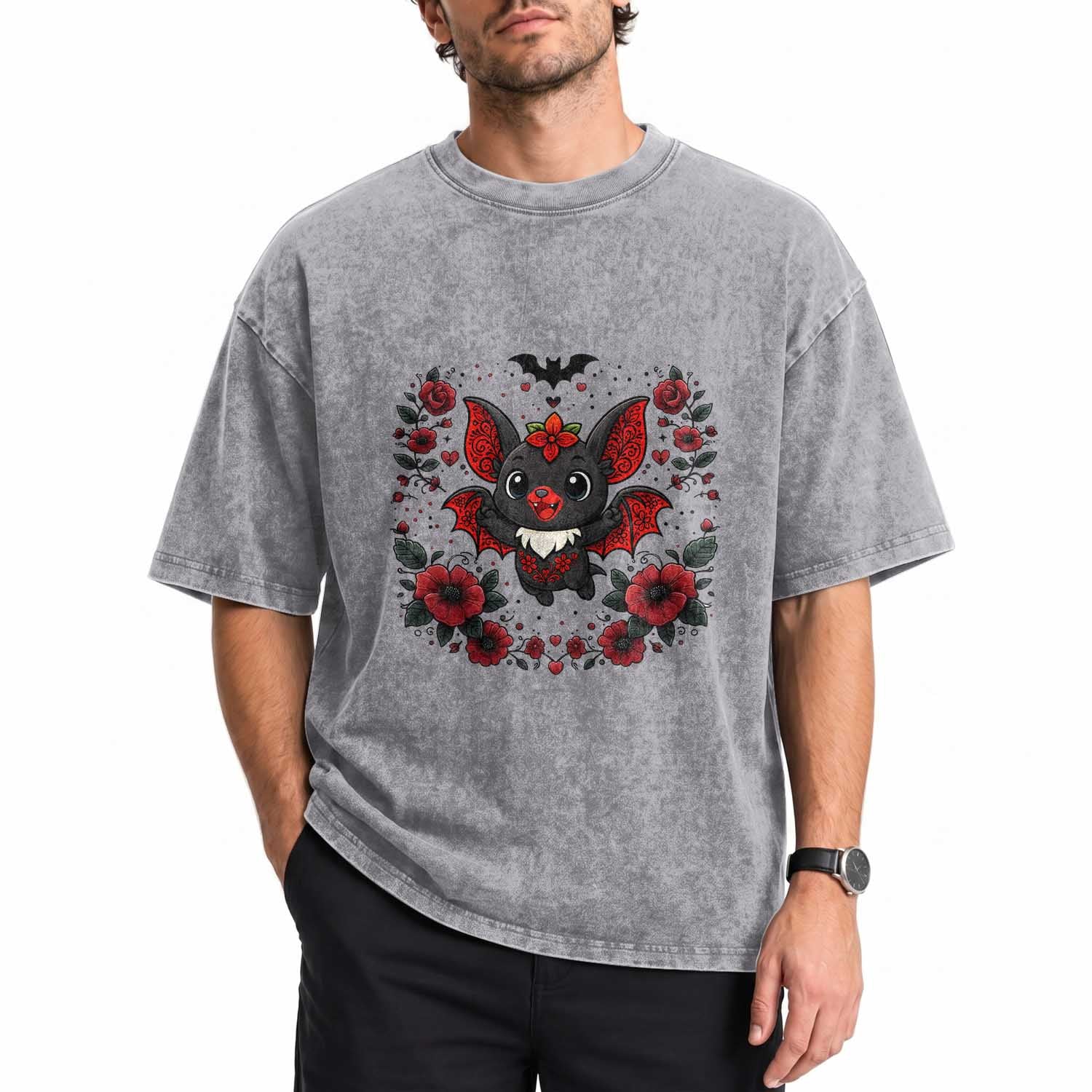 Cute Bat Floral Folk Art Washed Cotton T-Shirt Gothic Spooky Dia De Los Muertos Gift