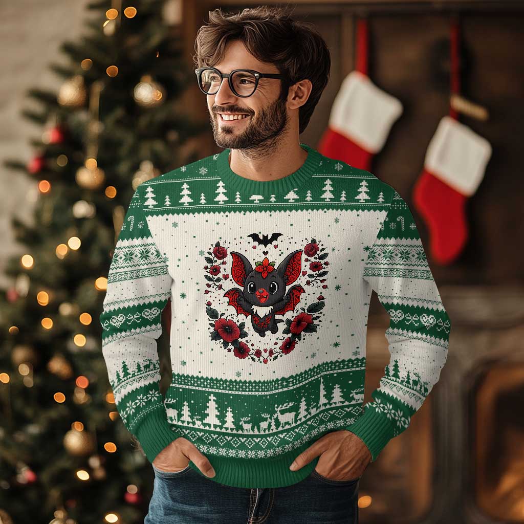 Cute Bat Floral Folk Art Ugly Christmas Sweater Gothic Spooky Dia De Los Muertos Gift TS12 Beige Green Print Your Wear