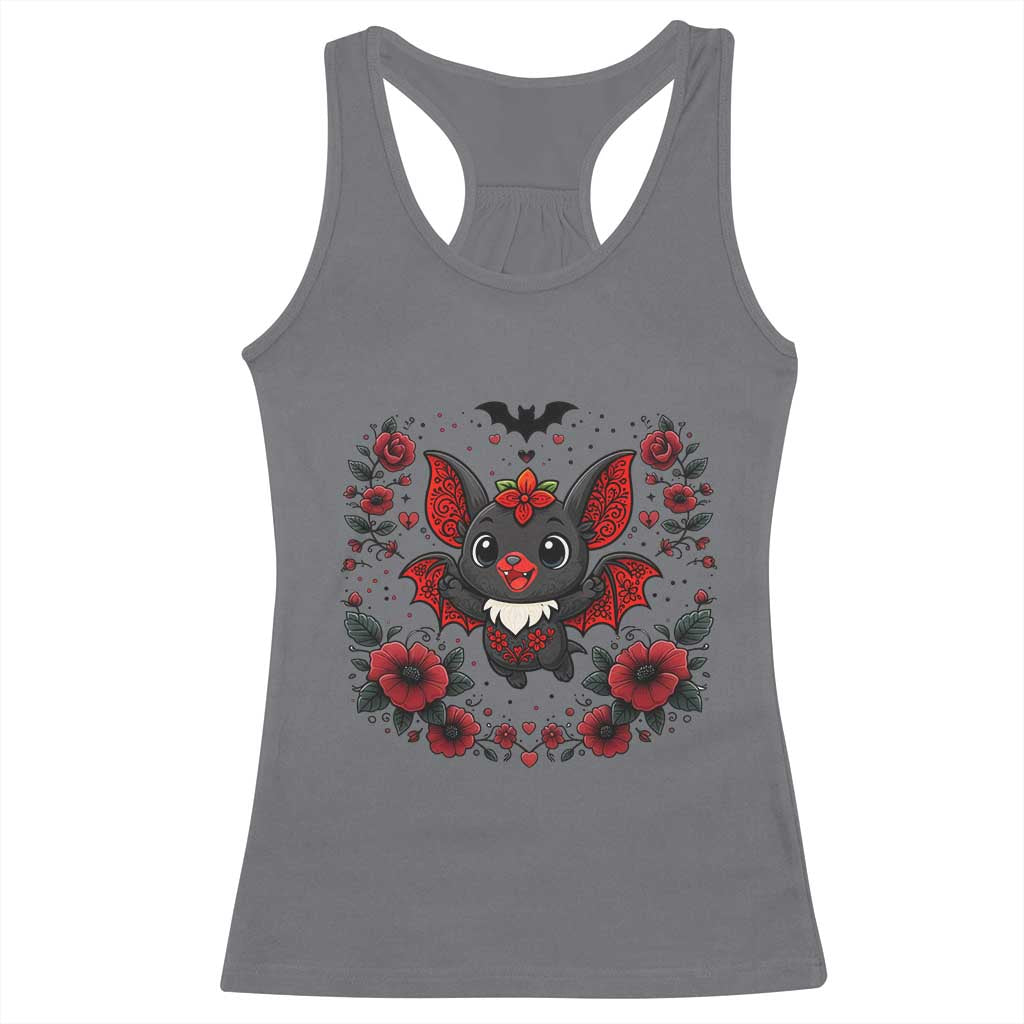 Cute Bat Floral Folk Art Racerback Tank Top Gothic Spooky Dia De Los Muertos Gift TS12 Charcoal Print Your Wear