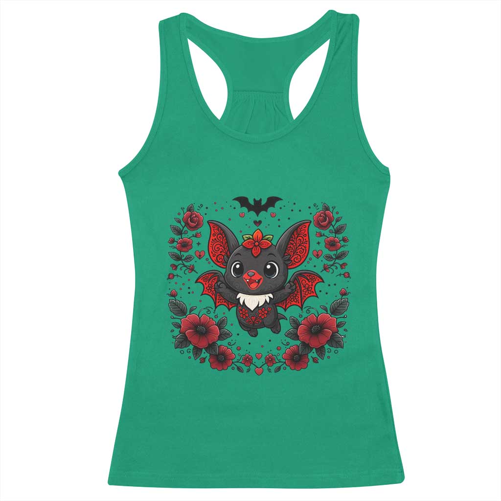 Cute Bat Floral Folk Art Racerback Tank Top Gothic Spooky Dia De Los Muertos Gift TS12 Irish Green Print Your Wear