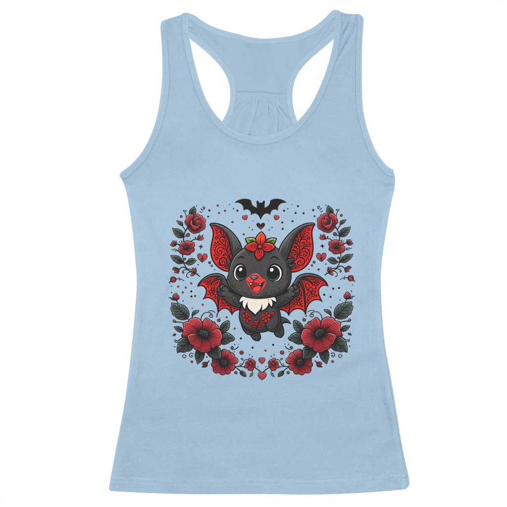 Cute Bat Floral Folk Art Racerback Tank Top Gothic Spooky Dia De Los Muertos Gift TS12 Light Blue Print Your Wear