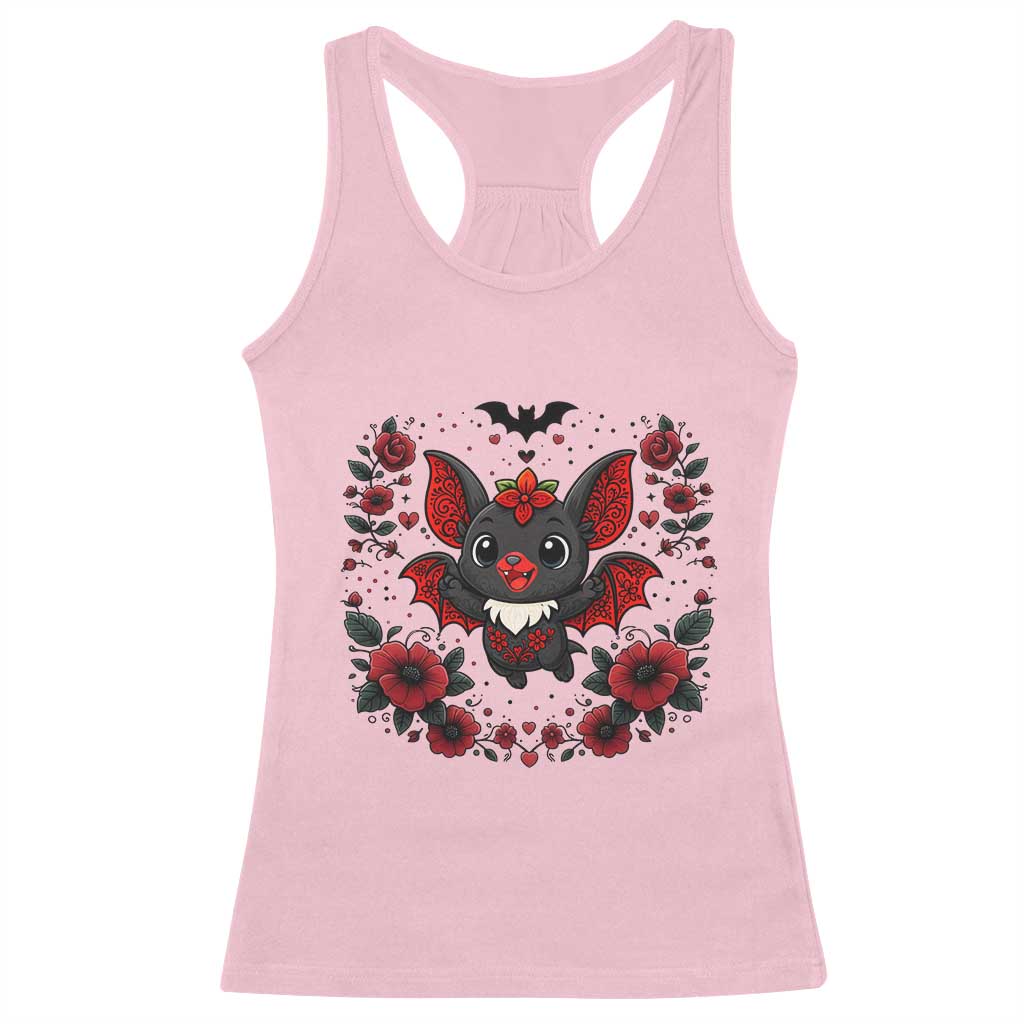 Cute Bat Floral Folk Art Racerback Tank Top Gothic Spooky Dia De Los Muertos Gift TS12 Light Pink Print Your Wear