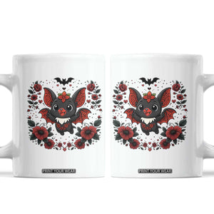 Cute Bat Floral Folk Art Coffee Mug Gothic Spooky Dia De Los Muertos Gift TS12 White Print Your Wear