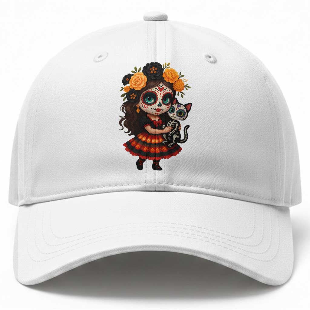 Day Of The Dead Latina Baseball Cap Cute Girl With Skeleton Kitten Floral Skull TS12 Print Your Wear