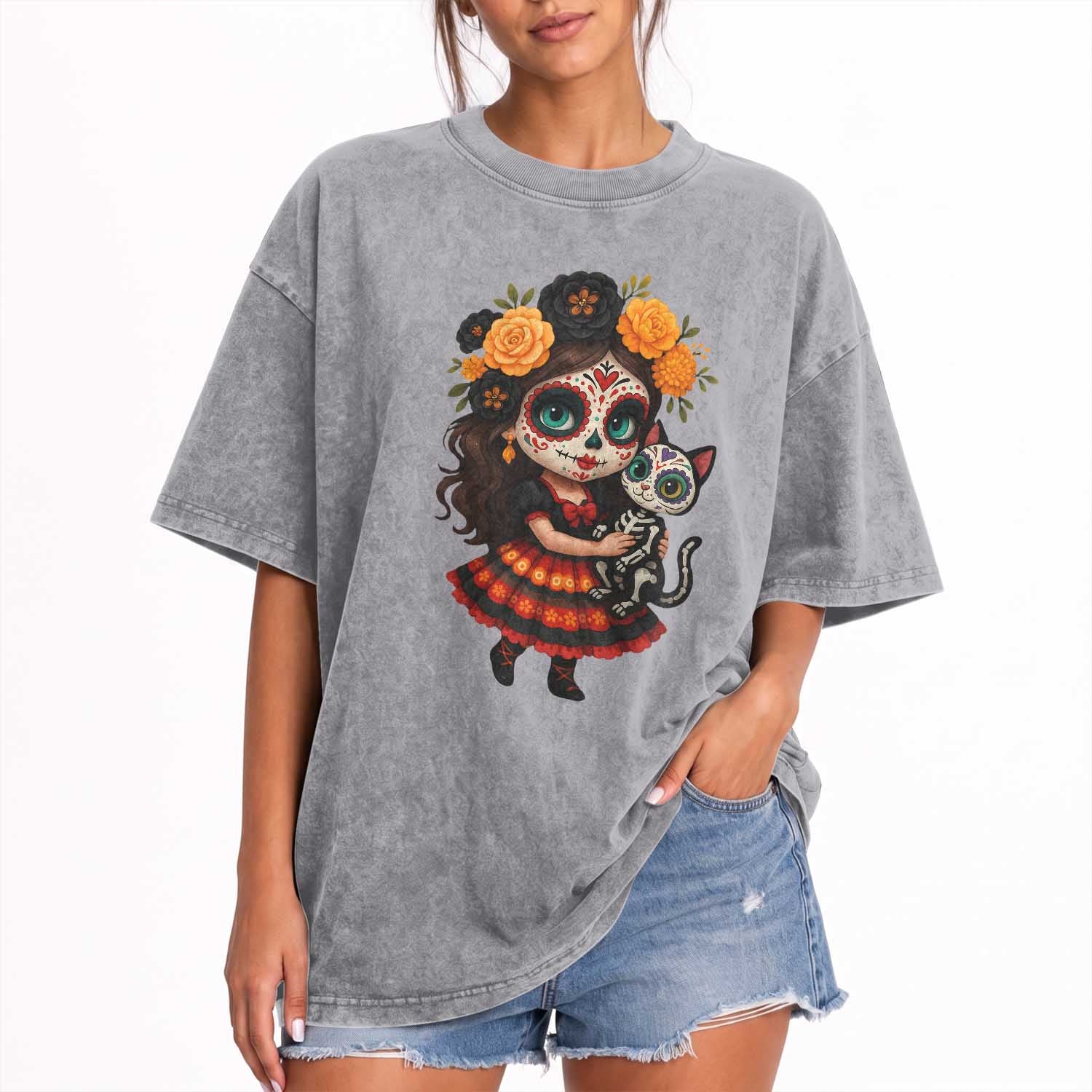 Day Of The Dead Latina Washed Cotton T-Shirt Cute Girl With Skeleton Kitten Floral Skull