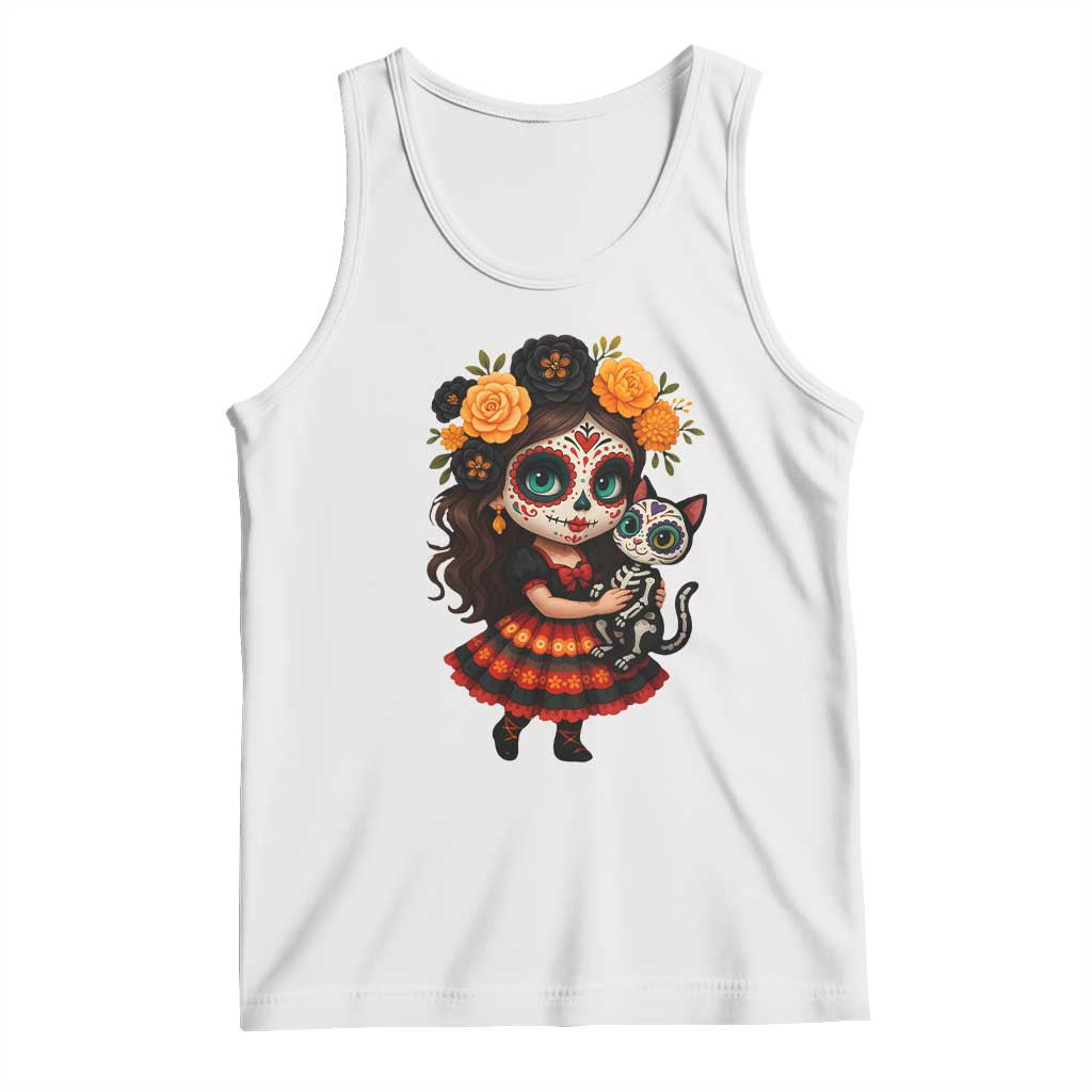 Day Of The Dead Latina Tank Top Cute Girl With Skeleton Kitten Floral Skull TS12 White Print Your Wear