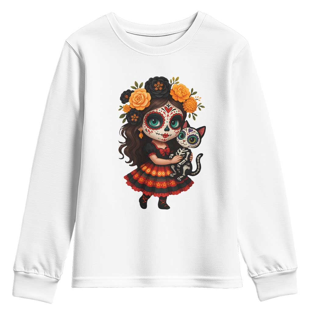 Day Of The Dead Latina Youth Sweatshirt Cute Girl With Skeleton Kitten Floral Skull TS12 White Print Your Wear