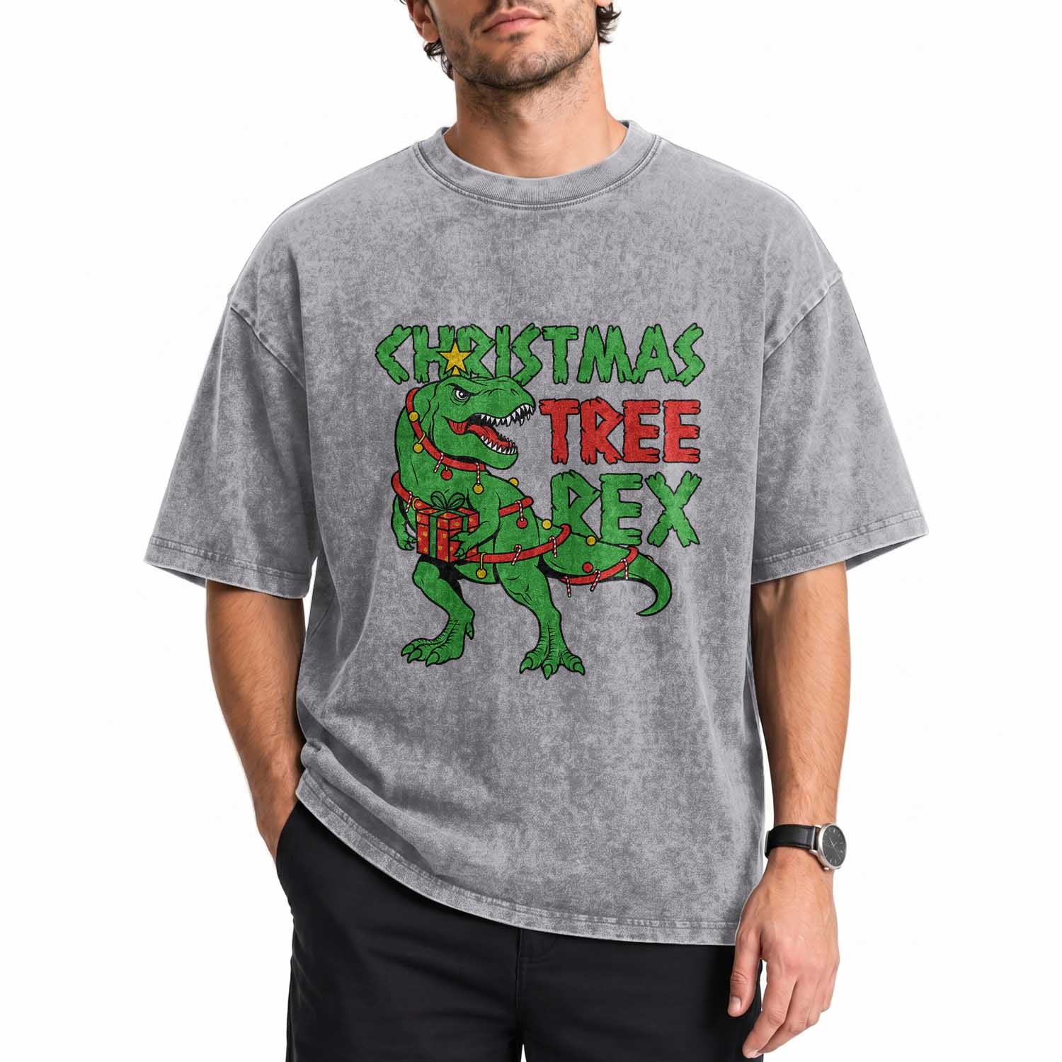 Christmas Dinosaur Washed Cotton T-Shirt Funny Tree Rex Xmas Light