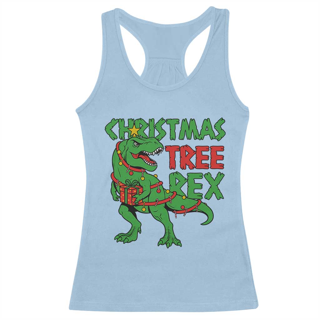 Christmas Dinosaur Racerback Tank Top Funny Tree Rex Xmas Light TS12 Light Blue Print Your Wear