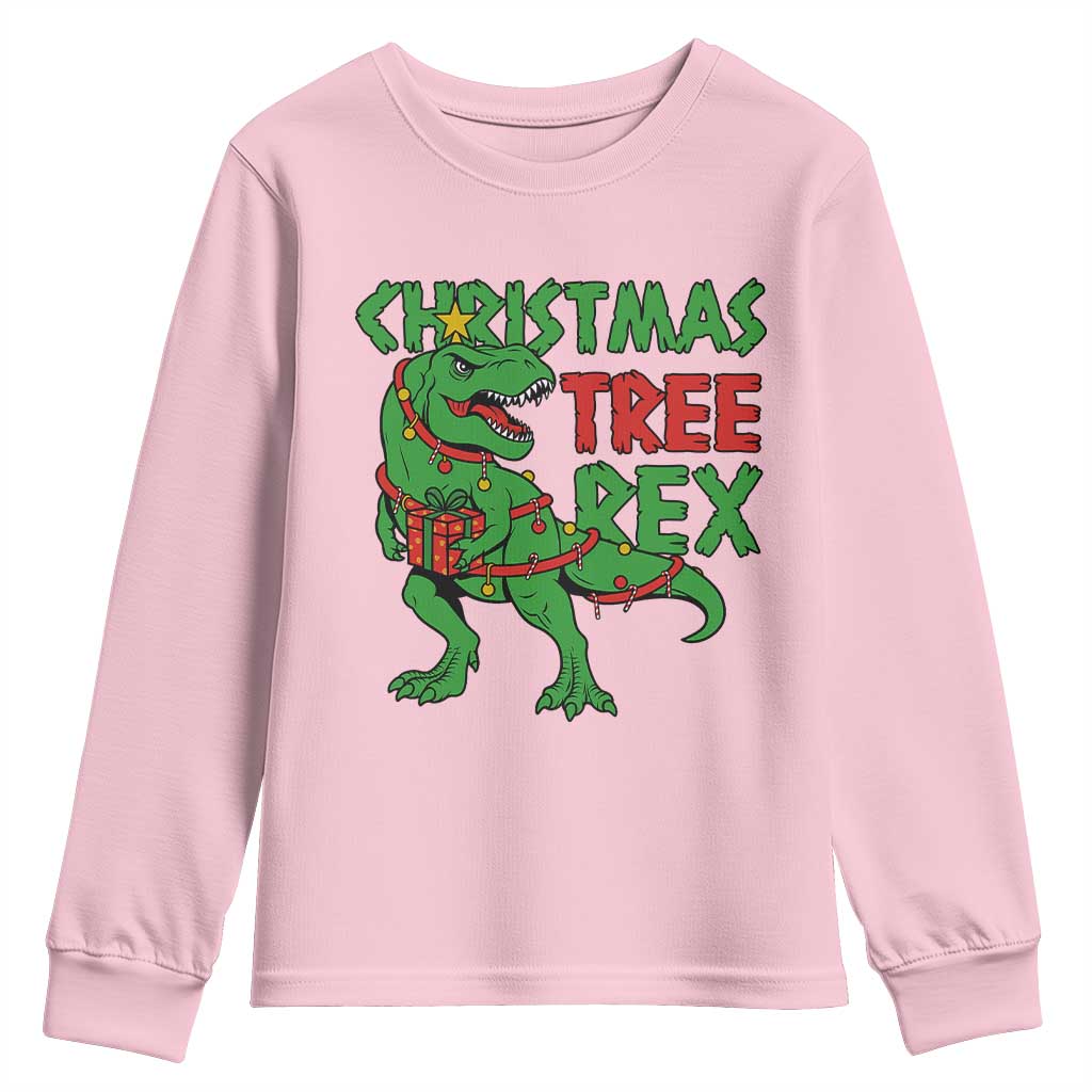Christmas Dinosaur Youth Sweatshirt Funny Tree Rex Xmas Light TS12 Light Pink Print Your Wear