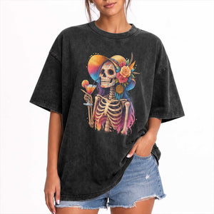 Funny Summer Sugar Skull Cocktail Lover Washed Cotton T-Shirt
