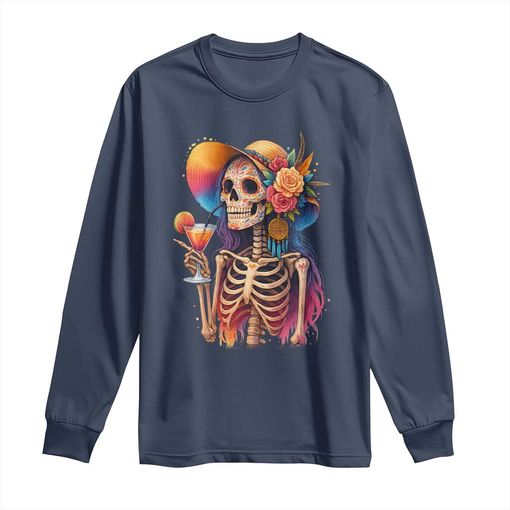 Funny Summer Sugar Skull Cocktail Lover Long Sleeve Shirt TS12 Navy Print Your Wear