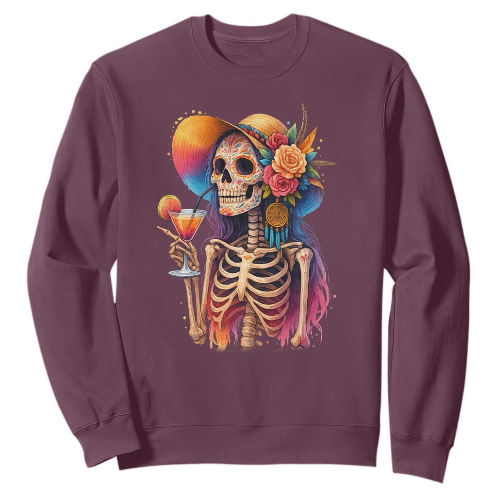 Funny Summer Sugar Skull Cocktail Lover Sweatshirt TS12 Maroon Print Your Wear