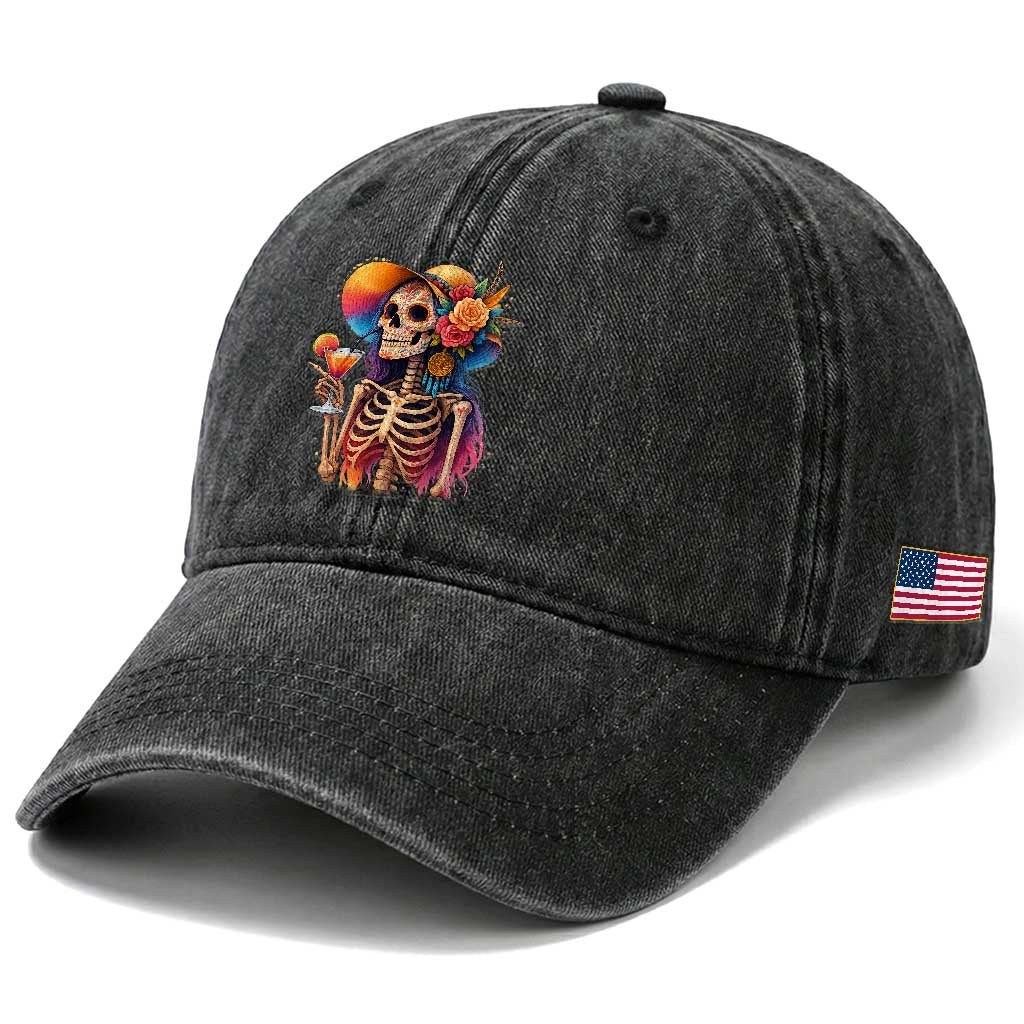 Funny Summer Sugar Skull Cocktail Lover Washed Cotton Baseball Cap TS12 Print Your Wear