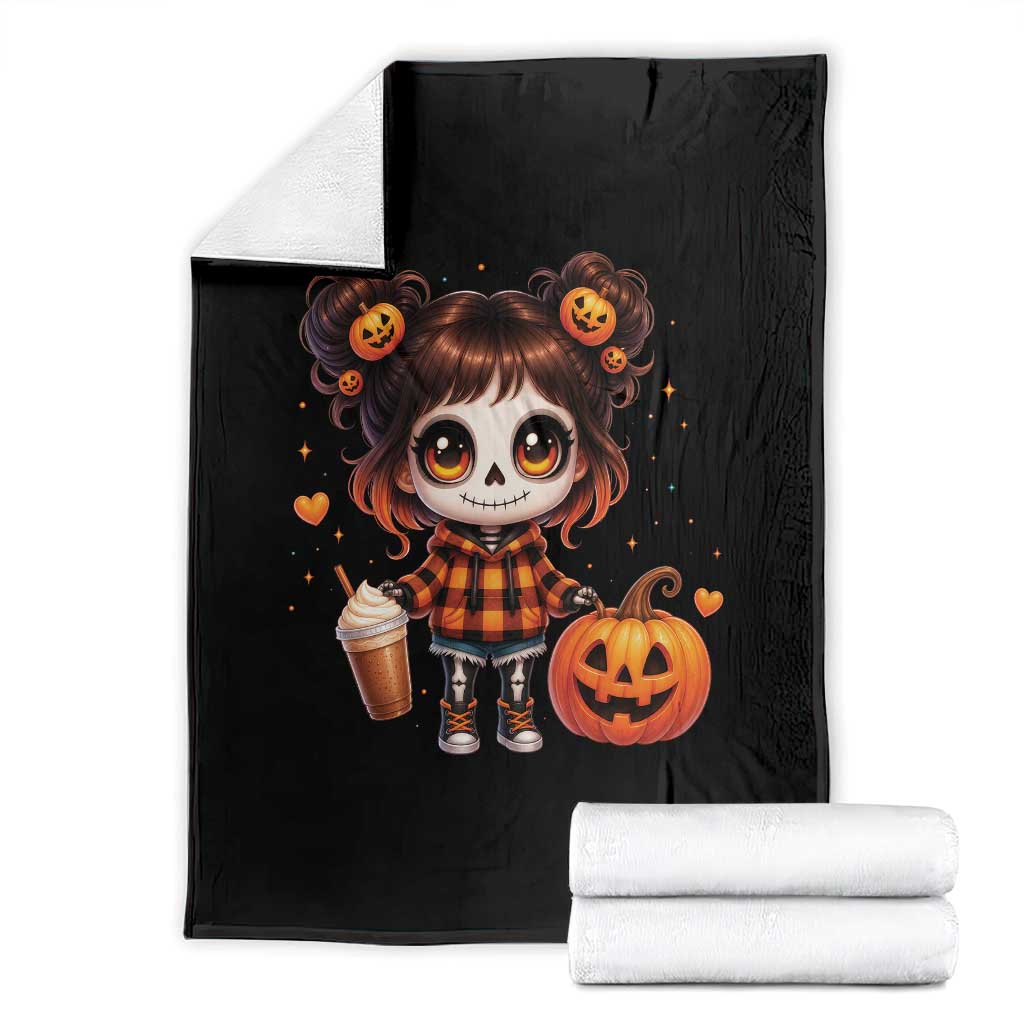 Halloween Autumn Spooky Fall Gift Throw Blanket Cute Chibi Skeleton Girl Pumpkin Spice Latte TS12 Black Print Your Wear