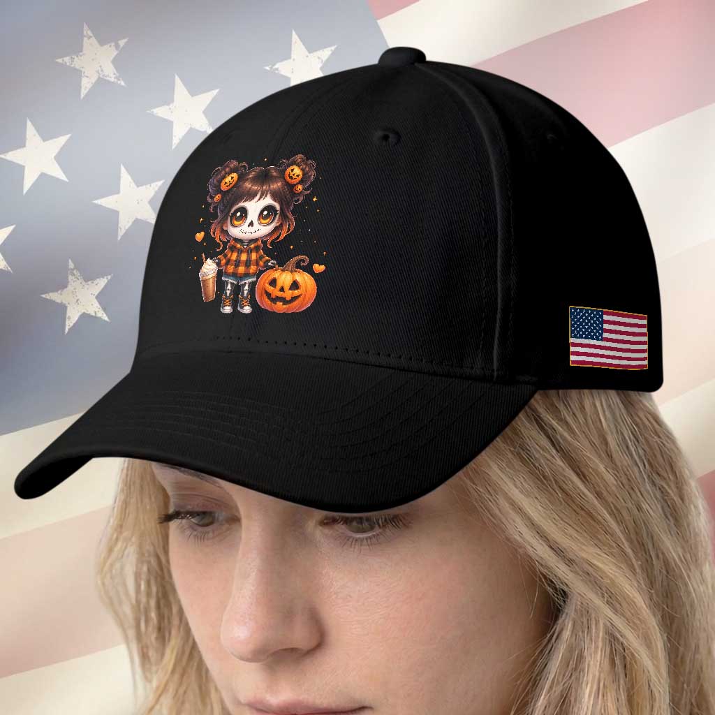 Halloween Autumn Spooky Fall Gift Baseball Cap Cute Chibi Skeleton Girl Pumpkin Spice Latte TS12 Print Your Wear