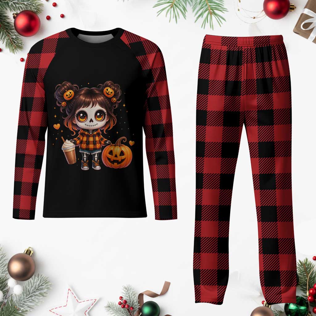 Halloween Autumn Spooky Fall Gift Plaid Pajama Set Cute Chibi Skeleton Girl Pumpkin Spice Latte TS12 Buffalo Plaid Print Your Wear
