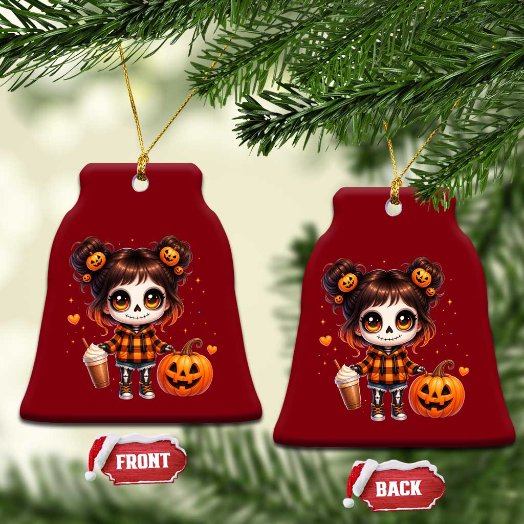 Halloween Autumn Spooky Fall Gift Ceramic Ornament Cute Chibi Skeleton Girl Pumpkin Spice Latte TS12 Print Your Wear