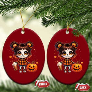Halloween Autumn Spooky Fall Gift Ceramic Ornament Cute Chibi Skeleton Girl Pumpkin Spice Latte TS12 Print Your Wear