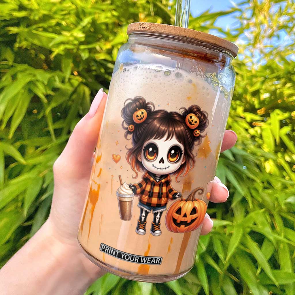 Halloween Autumn Spooky Fall Gift Glass Can Cute Chibi Skeleton Girl Pumpkin Spice Latte TS12 Black Print Your Wear