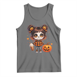 Halloween Autumn Spooky Fall Gift Tank Top Cute Chibi Skeleton Girl Pumpkin Spice Latte TS12 Black Heather Print Your Wear