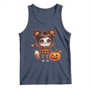 Halloween Autumn Spooky Fall Gift Tank Top Cute Chibi Skeleton Girl Pumpkin Spice Latte TS12 Navy Print Your Wear