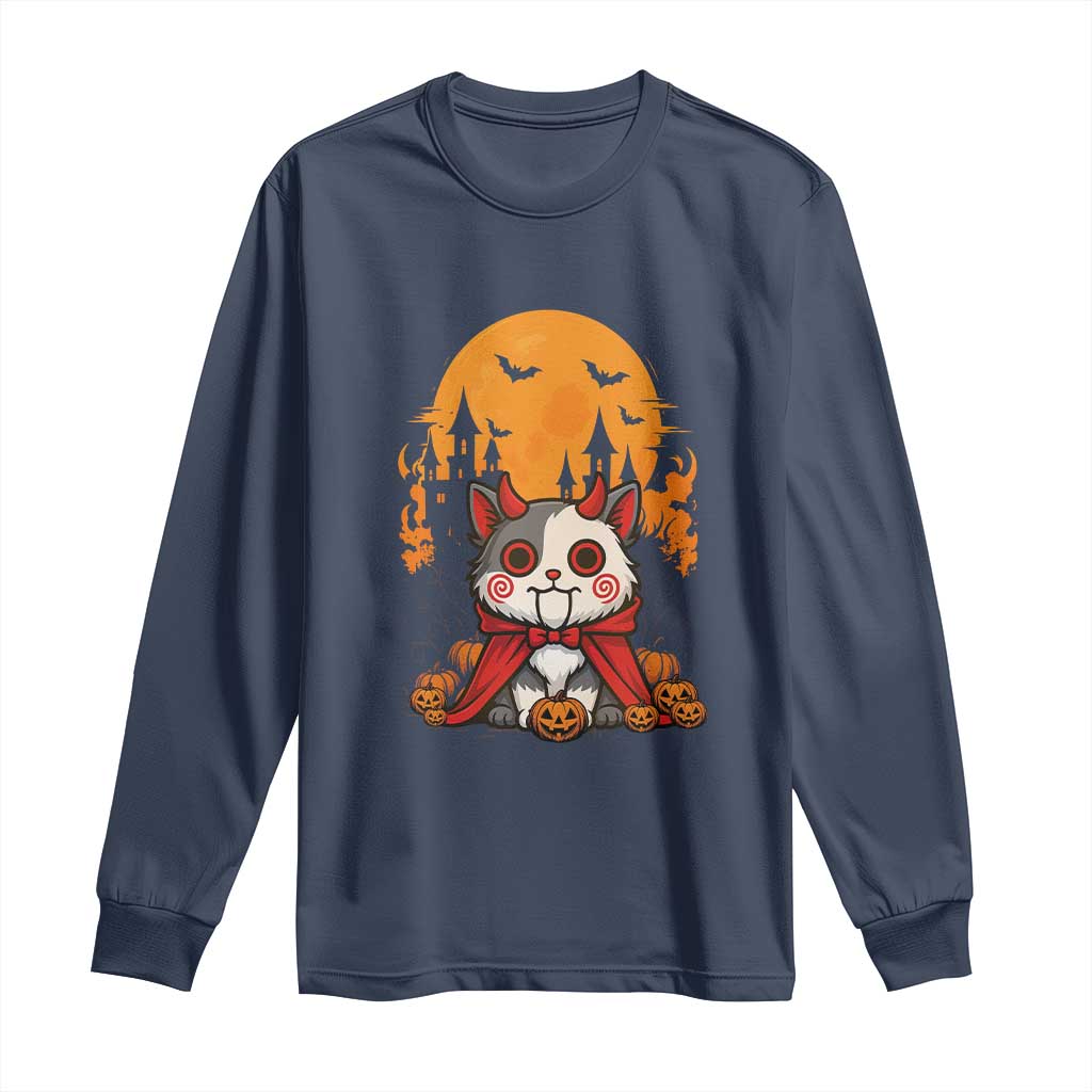 Halloween Cat Long Sleeve Shirt Horror Vampire Kawaii Chibi Kitten TS12 Navy Print Your Wear