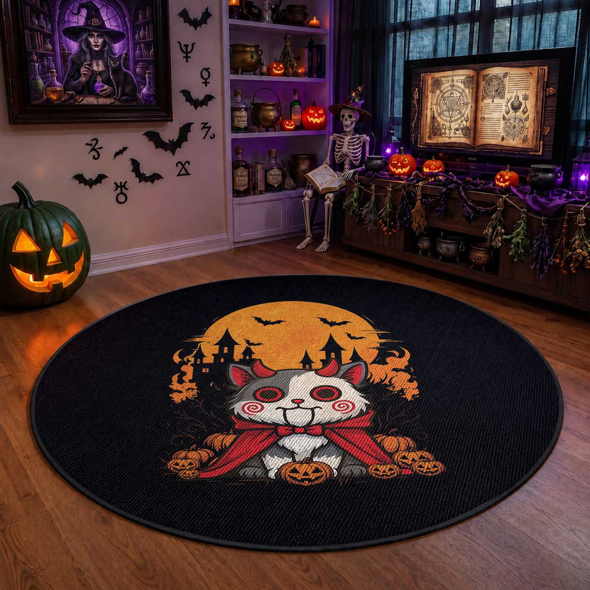 Halloween Cat Round Rug Horror Vampire Kawaii Chibi Kitten