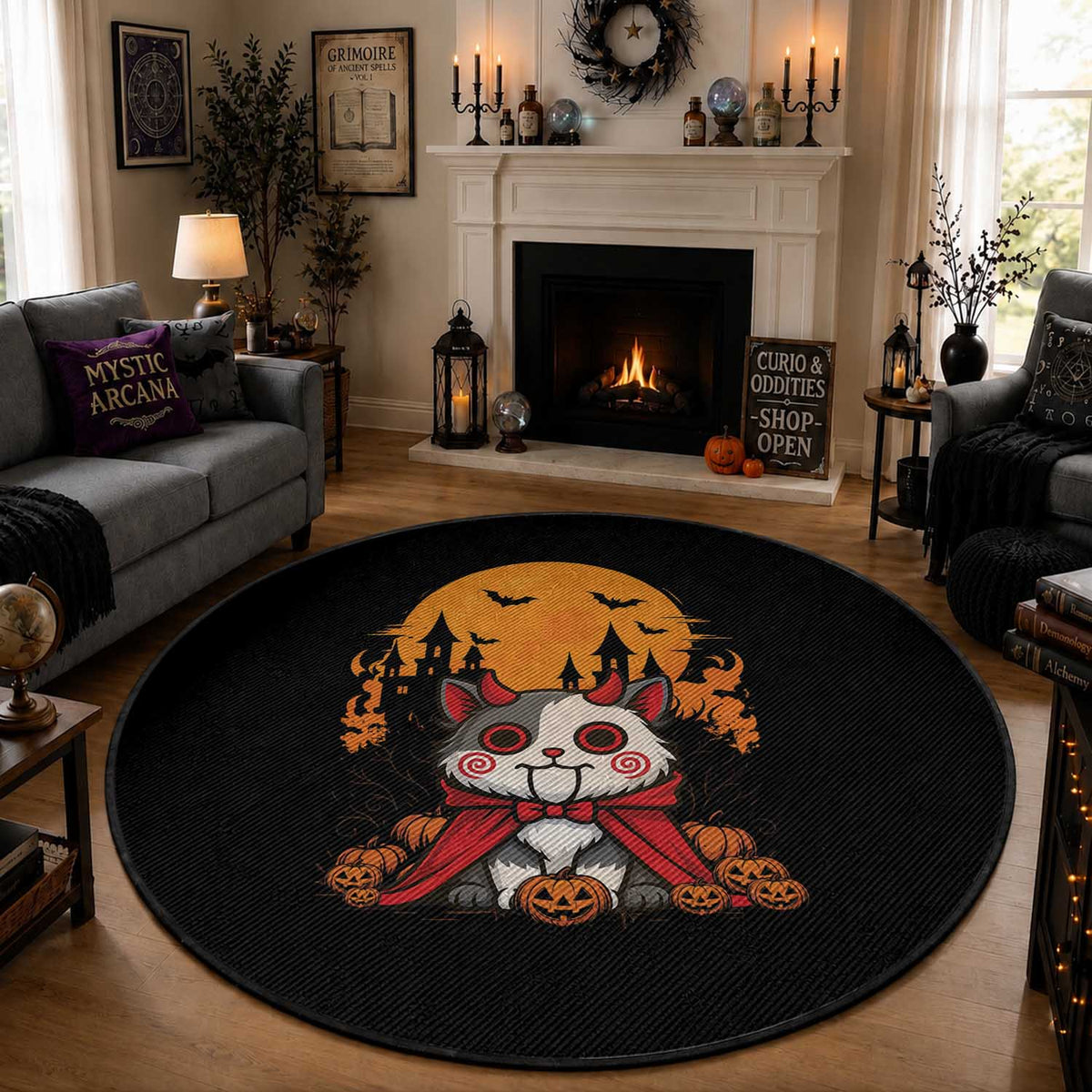 Halloween Cat Round Rug Horror Vampire Kawaii Chibi Kitten
