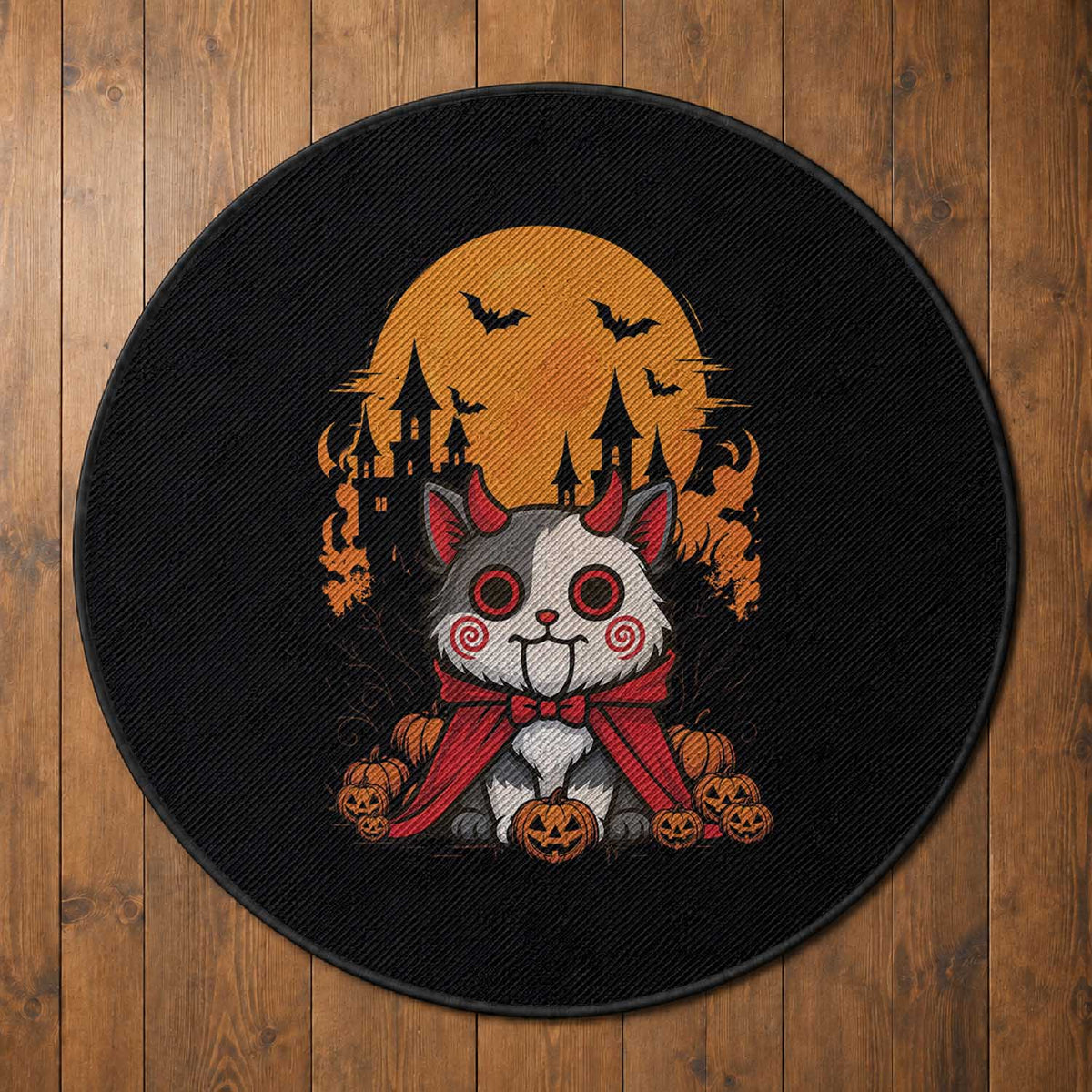 Halloween Cat Round Rug Horror Vampire Kawaii Chibi Kitten