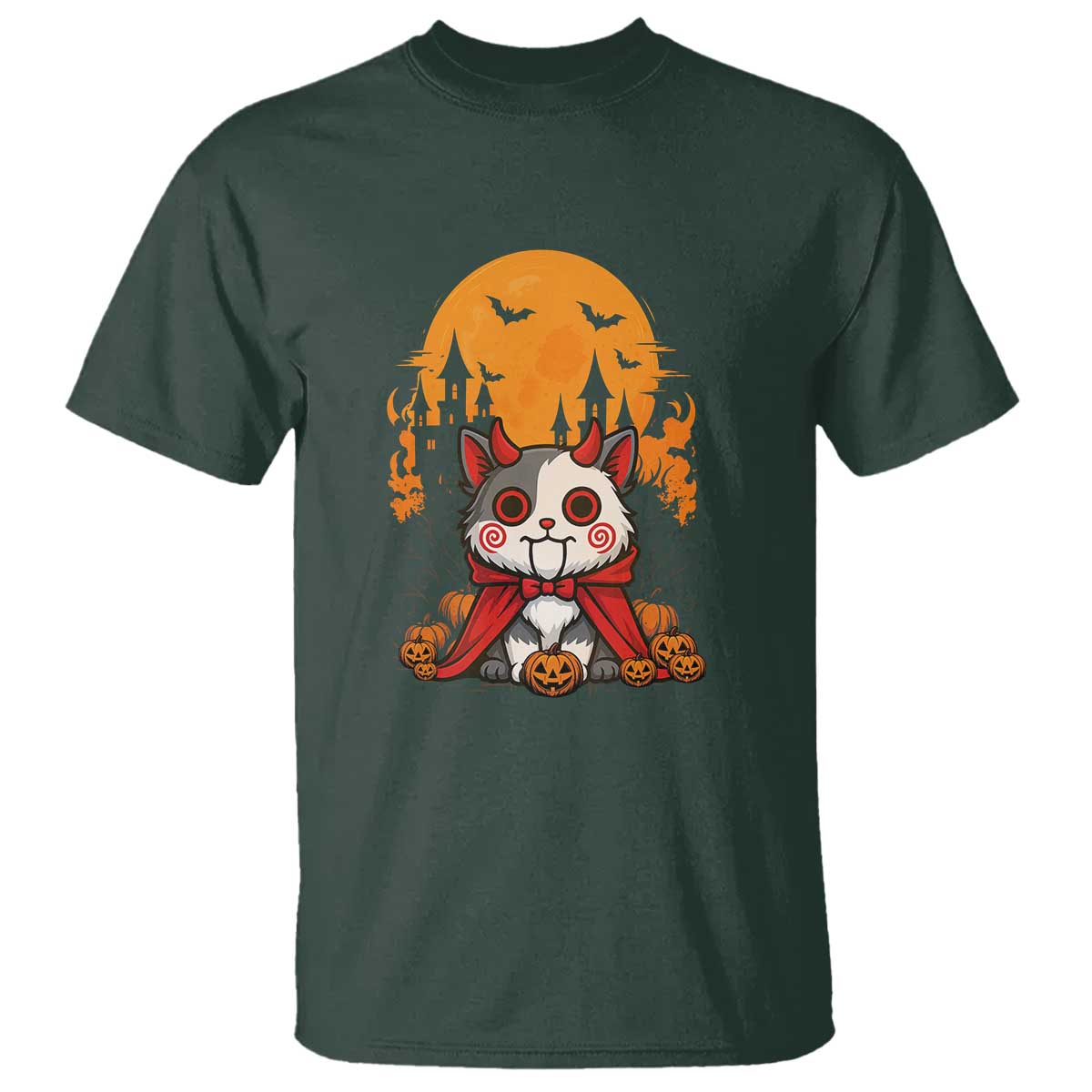 Halloween Cat T Shirt Horror Vampire Kawaii Chibi Kitten TS12 Dark Forest Green Print Your Wear