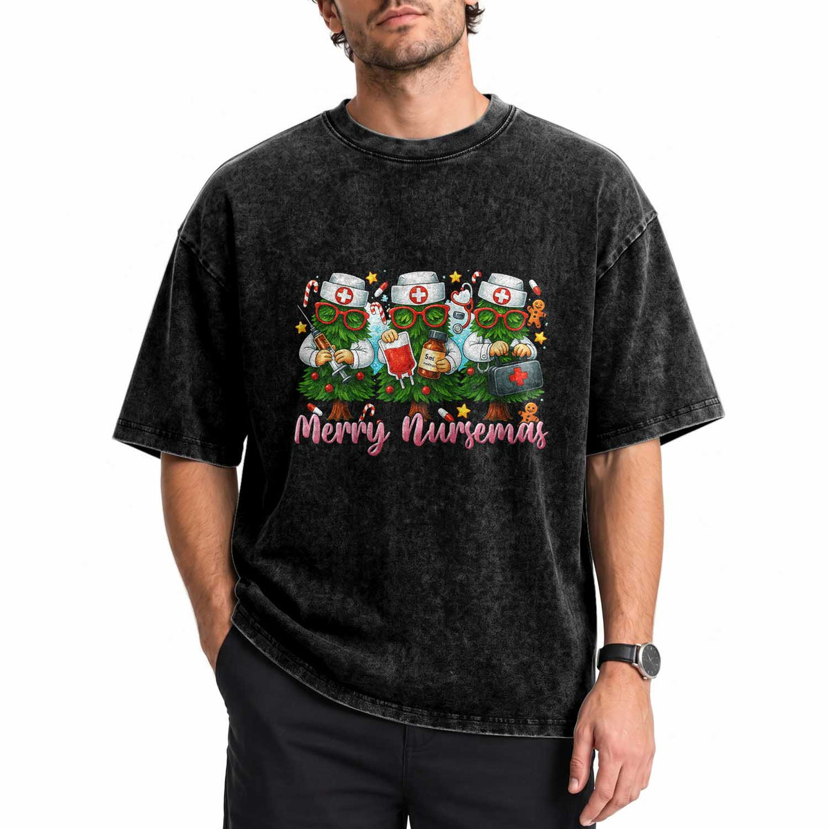 Christmas Nurse Washed Cotton T-Shirt Funny Merry Nursemas Pine Tree