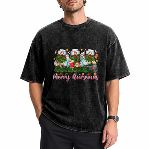 Christmas Nurse Washed Cotton T-Shirt Funny Merry Nursemas Pine Tree