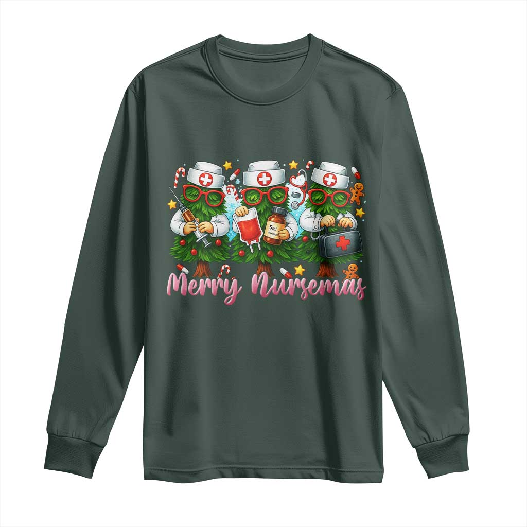 Christmas Nurse Long Sleeve Shirt Funny Merry Nursemas Pine Tree TS12 Dark Forest Green Print Your Wear