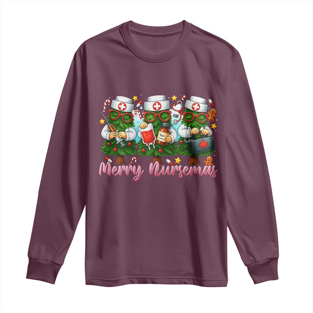 Christmas Nurse Long Sleeve Shirt Funny Merry Nursemas Pine Tree TS12 Maroon Print Your Wear