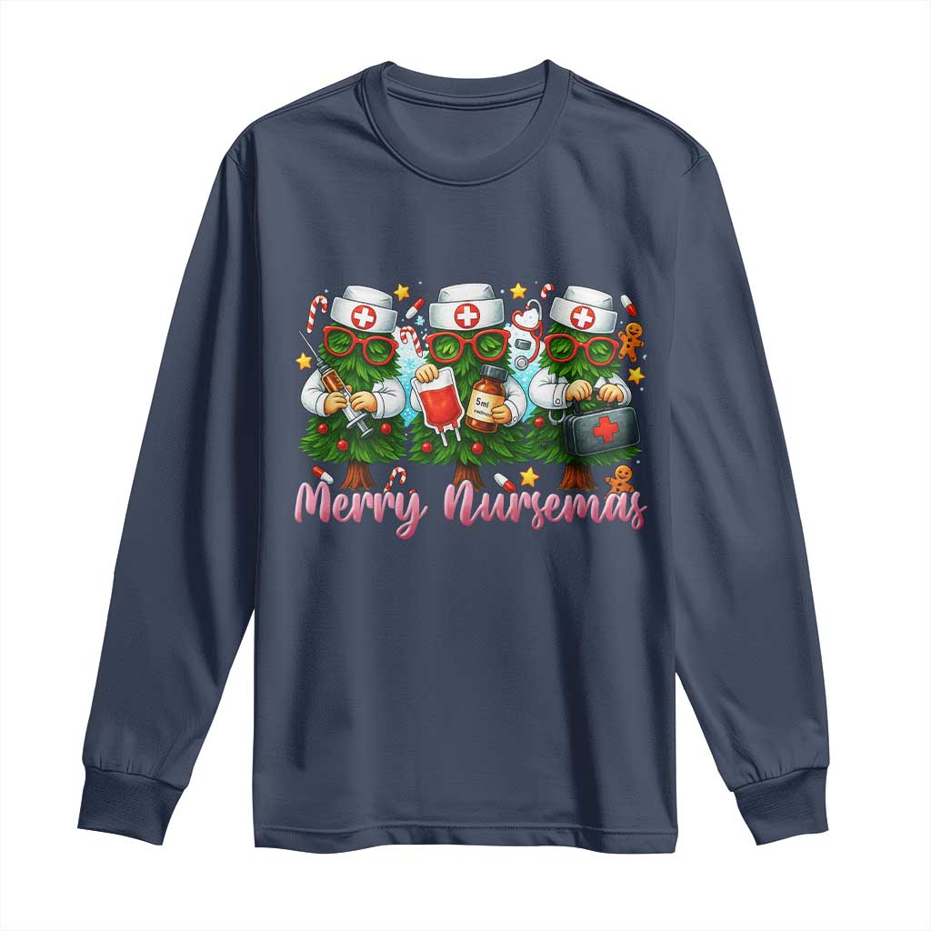 Christmas Nurse Long Sleeve Shirt Funny Merry Nursemas Pine Tree TS12 Navy Print Your Wear