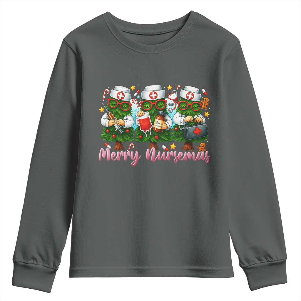 Christmas Nurse Youth Sweatshirt Funny Merry Nursemas Pine Tree TS12 Dark Heather Print Your Wear