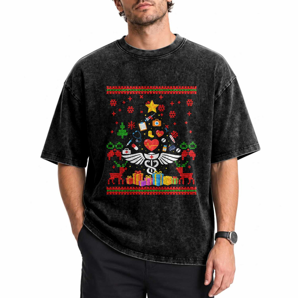 Funny Christmas Healthcare Worker Washed Cotton T-Shirt Nurses And Doctors Pine Tree