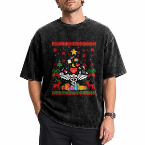 Funny Christmas Healthcare Worker Washed Cotton T-Shirt Nurses And Doctors Pine Tree