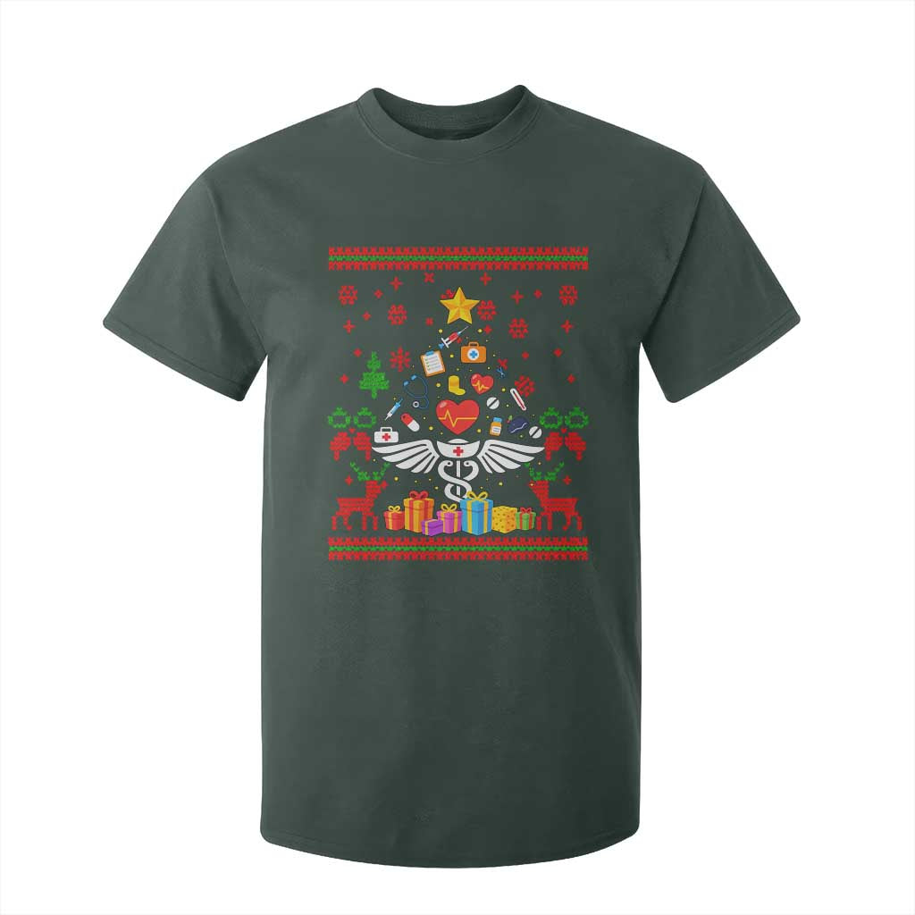 Funny Christmas Healthcare Worker T Shirt For Kid Nurses And Doctors Pine Tree TS12 Dark Forest Green Print Your Wear