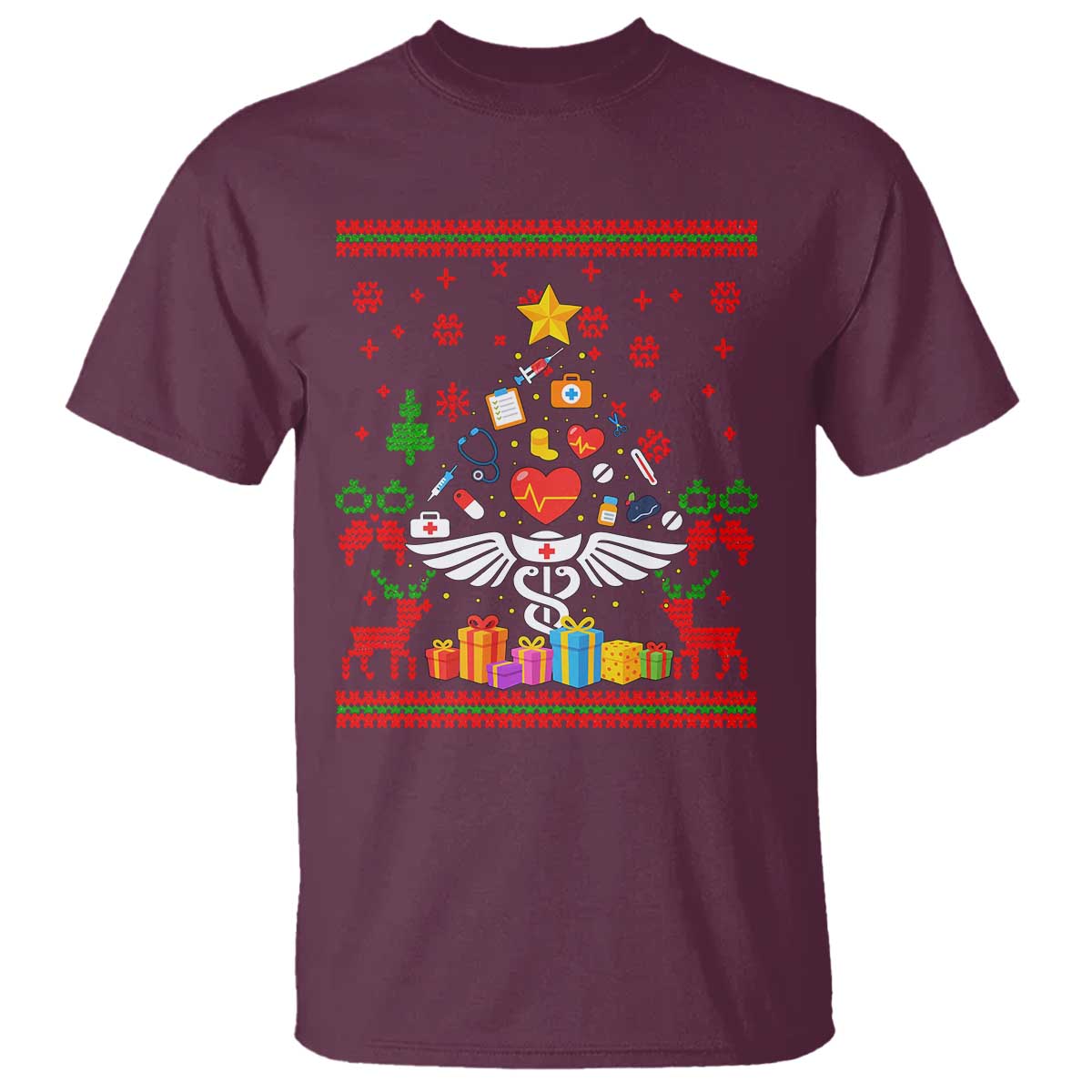 Funny Christmas Healthcare Worker T Shirt Nurses And Doctors Pine Tree TS12 Maroon Print Your Wear