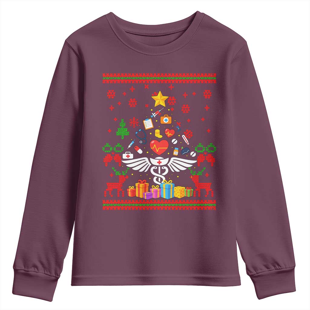 Funny Christmas Healthcare Worker Youth Sweatshirt Nurses And Doctors Pine Tree TS12 Maroon Print Your Wear