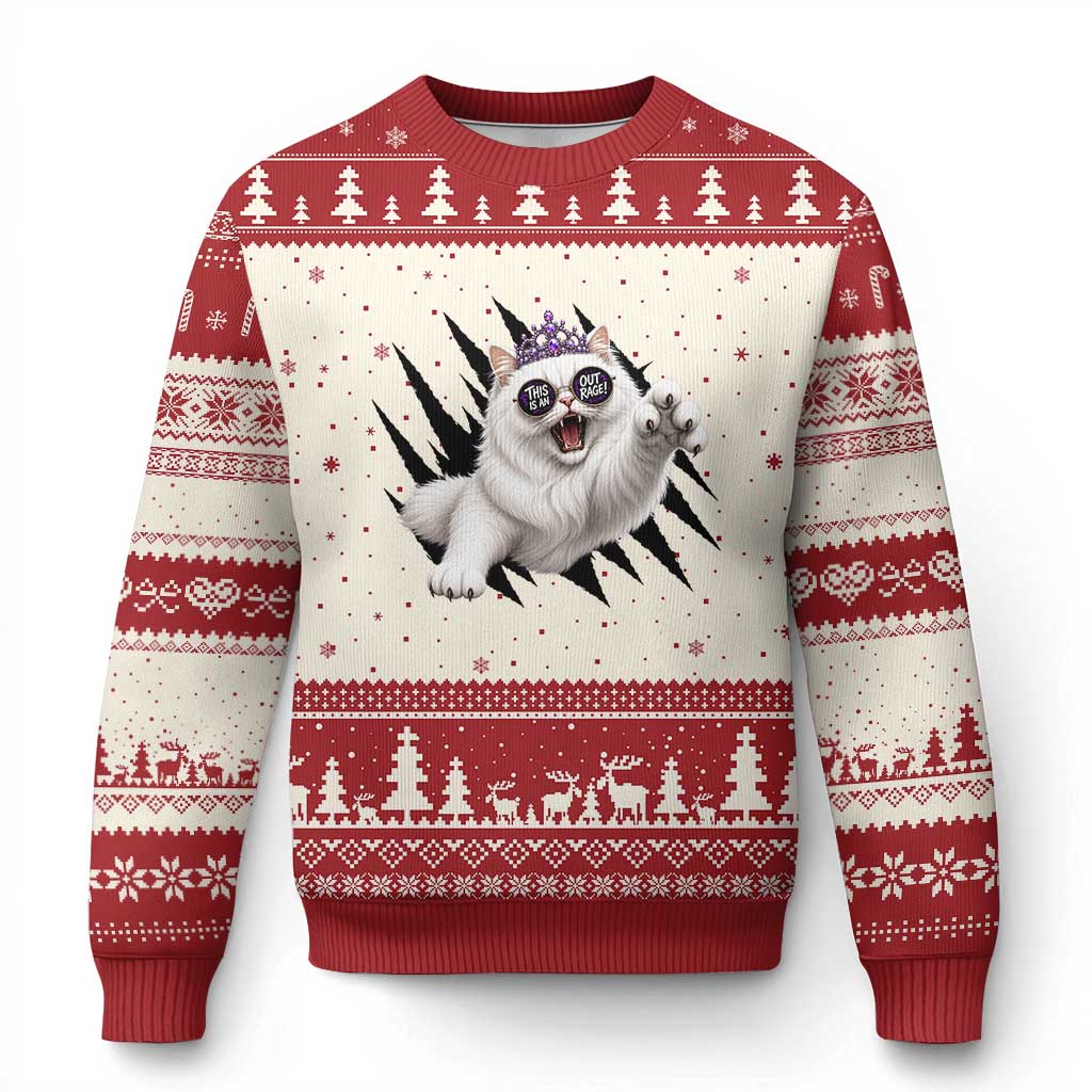Funny Princess Cat With Featuring Scratch Effect Printed Ugly Christmas Sweater This Is An Outrage TS12 Beige Red Print Your Wear