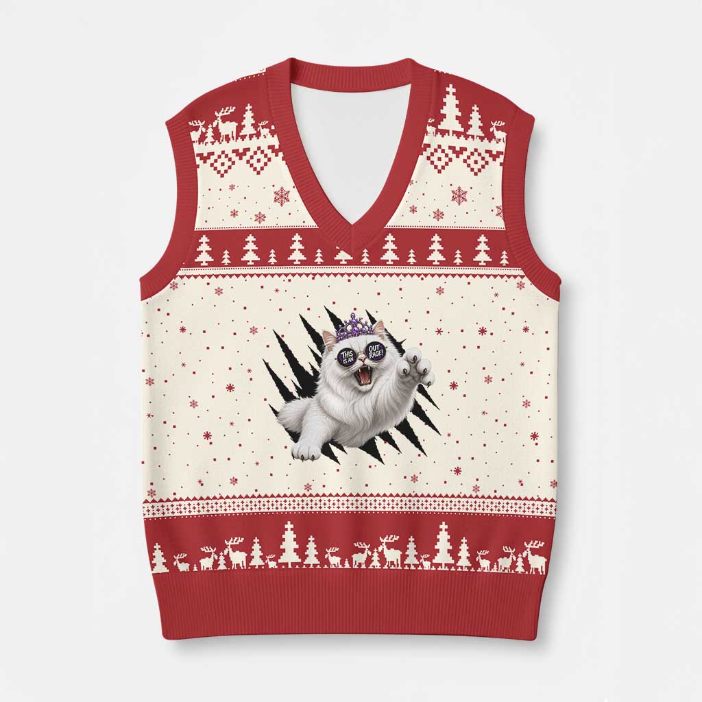 Funny Princess Cat With Featuring Scratch Effect Printed V-Neck Knit Sweater Vest This Is An Outrage TS12 Beige Red Print Your Wear